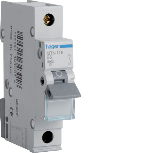 Hager MTN116 MCB SP Type B 16A 6kA